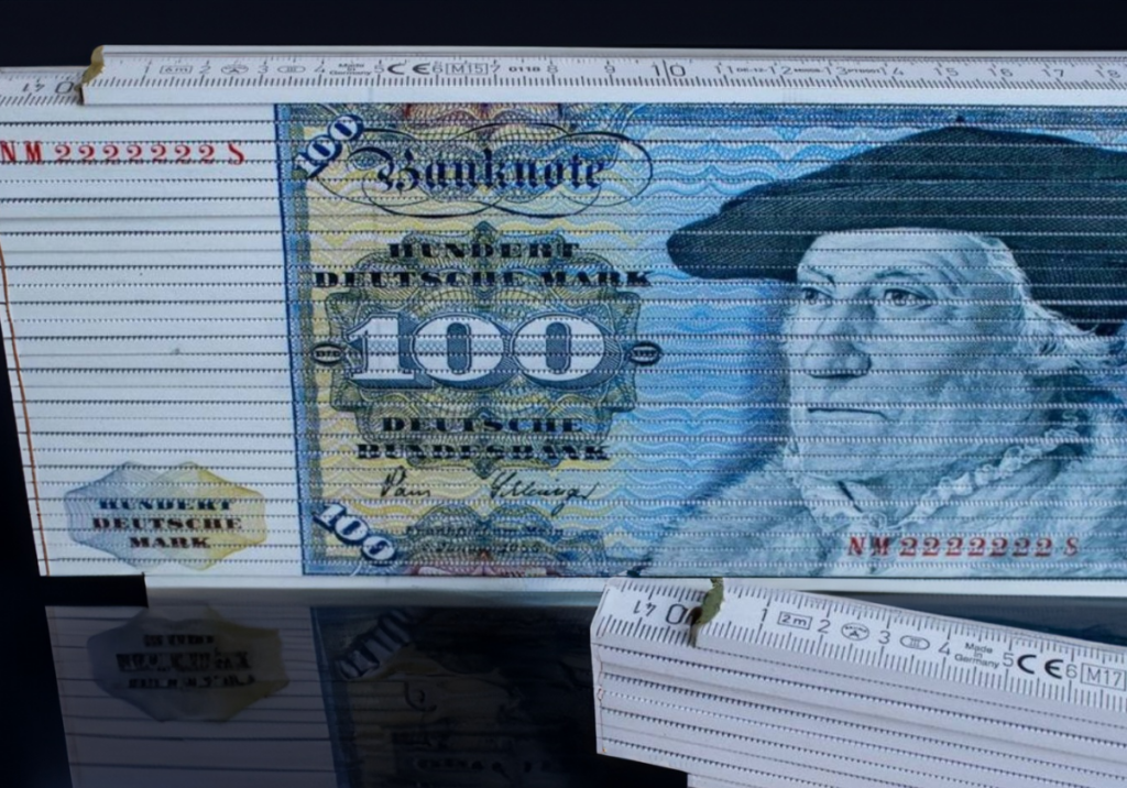 Bedruckte Zollstock mit Banknote als Werbegeschenk für Banken.