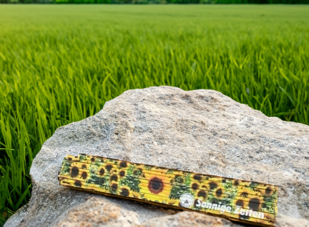 Bunter Zollstock mit Sonnenblumen mit der Aufschrift ‘Sonnige Zeiten’ auf einem Stein in einer Wiese.