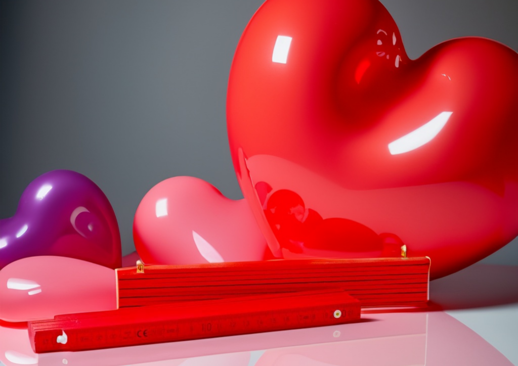 Rote Zollstöcke mit bunten Herzluftballons im Hintergrund.